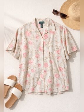 Lauren Ralph Lauren Linen Light Green Floral Short Sleeve Shirt